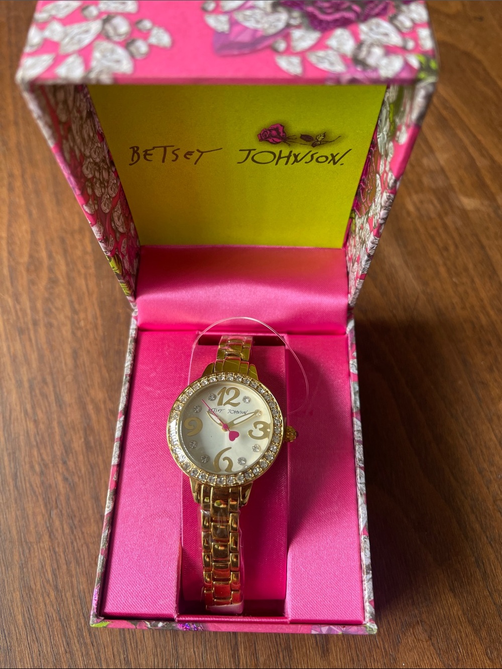 Betsey Johnson Gold Tone Crystal Bezel Women’s Bracelet Watch with Pink Accent